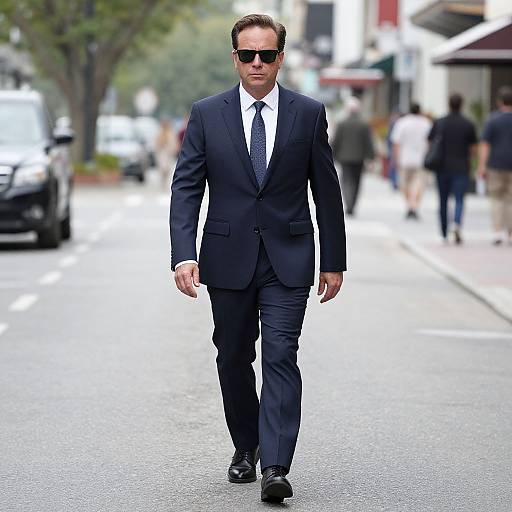Photograph of a tall, handsome man in a black suit, white shirt, black tie, and sunglasses walking confidently down a busy urban street.