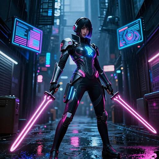 Cyberpunk woman in black armor with neon accents, holding pink lightsabers, stands confidently in rain-soaked neon-lit alleyway. Digital