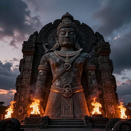 Photograph of a large, dark stone statue of a serene deity with intricate jewelry, standing amidst flaming torches, against a dramatic, cloudy twilight sky