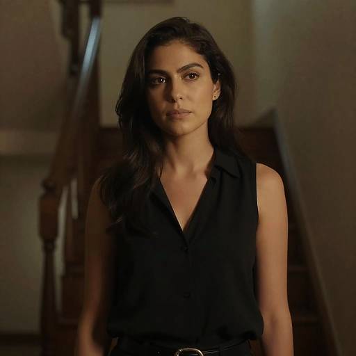 Elegant Woman in Dimly Lit Hallway