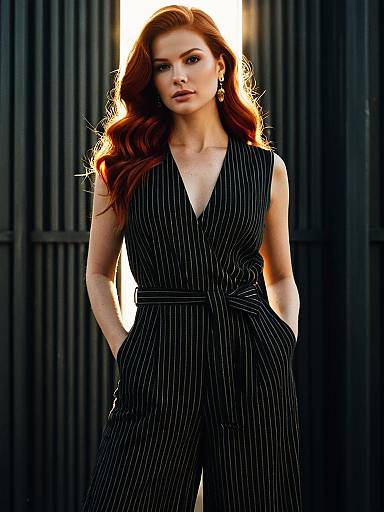 Redhead Woman in Black Pinstripe Jumpsuit