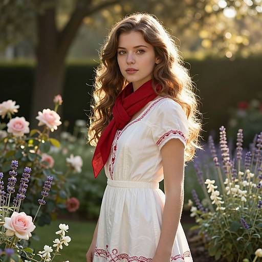 Sunlit Garden Beauty with Crimson Scarf
