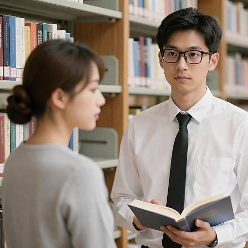 East Asian Duo in a Library Setting