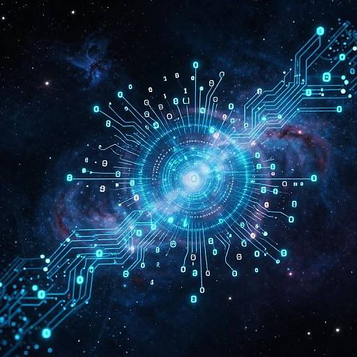 Digital artwork of a glowing blue neural network with circuit lines and binary code against a dark, starry cosmic background.