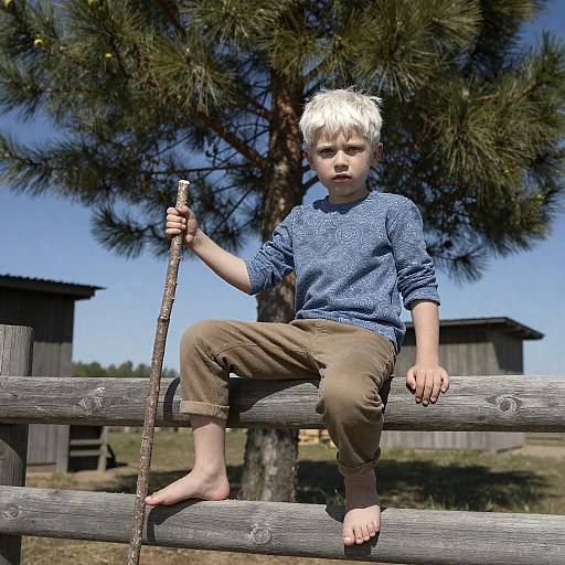 Boy with White Hair on Wooden Fence