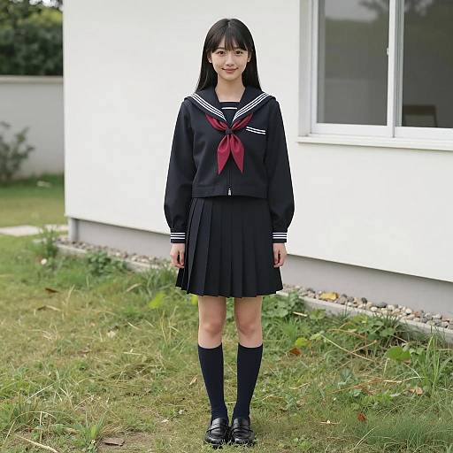 Asian Woman in Japanese School Uniform Outdoors