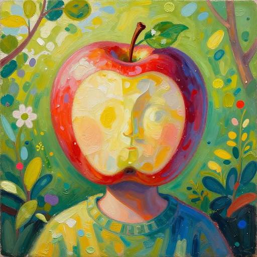Vibrant, impressionist-style painting of a person with a large red apple for a head, surrounded by colorful flowers and green foliage. Bright,