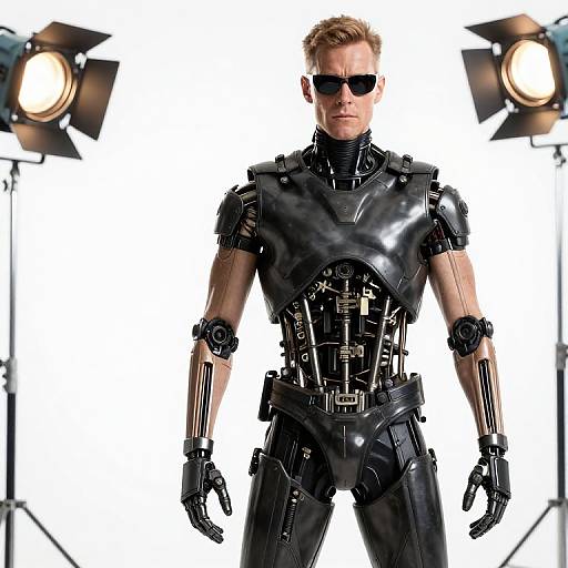Photograph of a muscular, blonde man with sunglasses, wearing a shiny black, futuristic exoskeleton suit, standing between two bright studio lights.