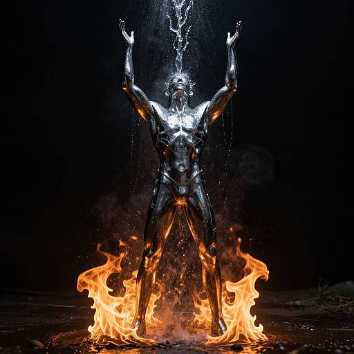 Photograph of a metallic, humanoid figure with glowing white highlights, standing in fiery flames, arms raised, illuminated against a dark background.