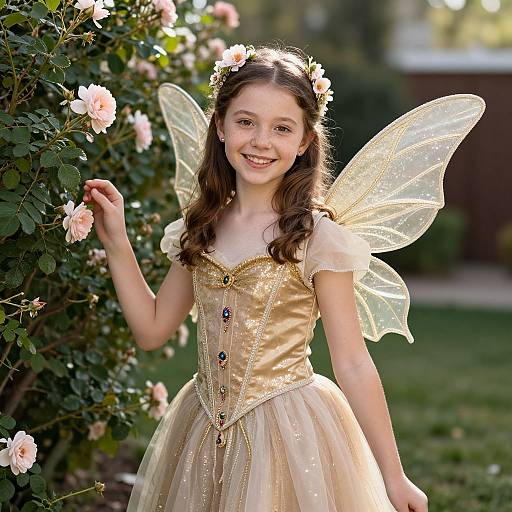 Photograph of a smiling young girl with fairy wings, golden corset dress, flower crown, standing by blooming roses in sunlight.