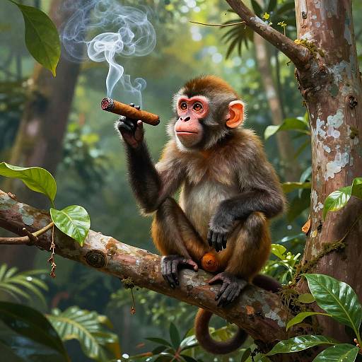 Photorealistic digital illustration of a monkey smoking a cigar, sitting on a tree branch in a lush, green forest.