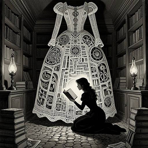 Silhouetted woman kneels in dimly lit library, illuminated by intricate, glowing, steampunk clockwork dress hanging behind her. Black