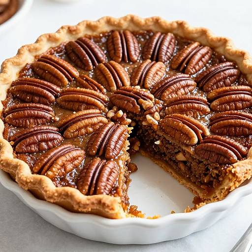 Photograph of a baked pie with a golden crust, filled with glossy, caramelized pecan slices, and a single slice removed.