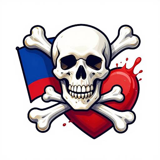 Digital illustration of a grinning white skull with black eye sockets, crossed white bones, and a red heart with blue and red stripes behind it, spl