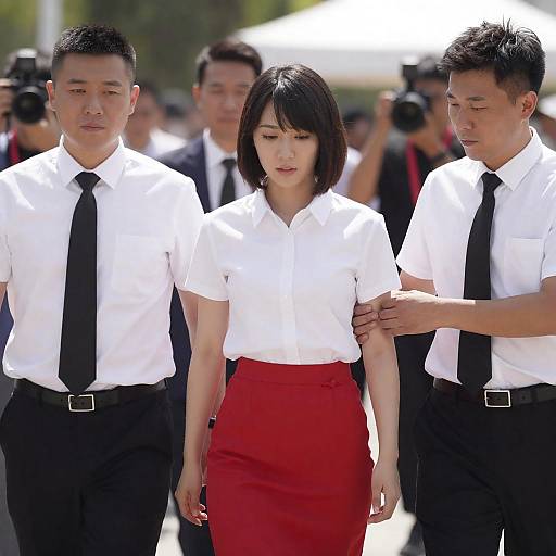 Young Woman Escorted at Public Event