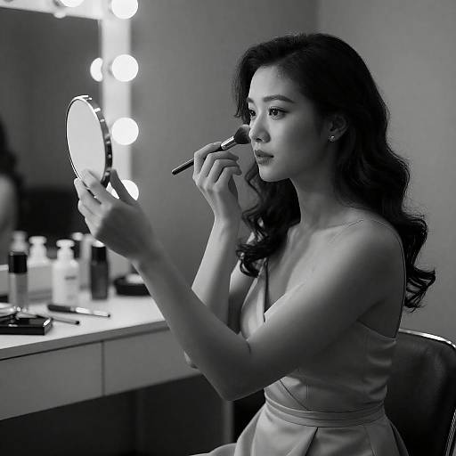 Elegant Woman Applying Makeup in B&W