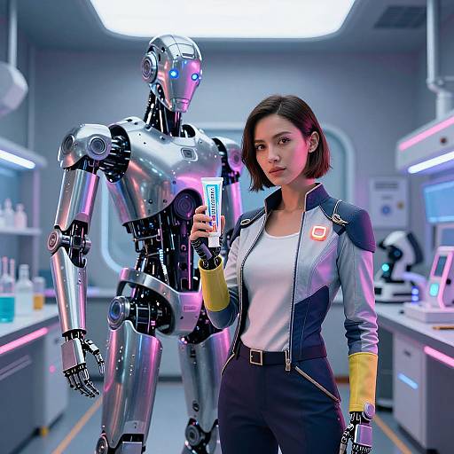 Photograph-style CGI of a serious Asian woman in a futuristic lab, holding a tablet, with a metallic robot beside her. Neon lights and lab equipment