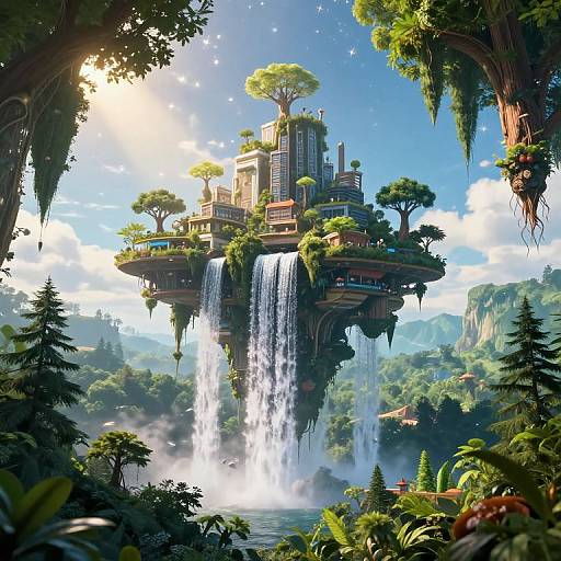 Floating City with Inverted Waterfalls