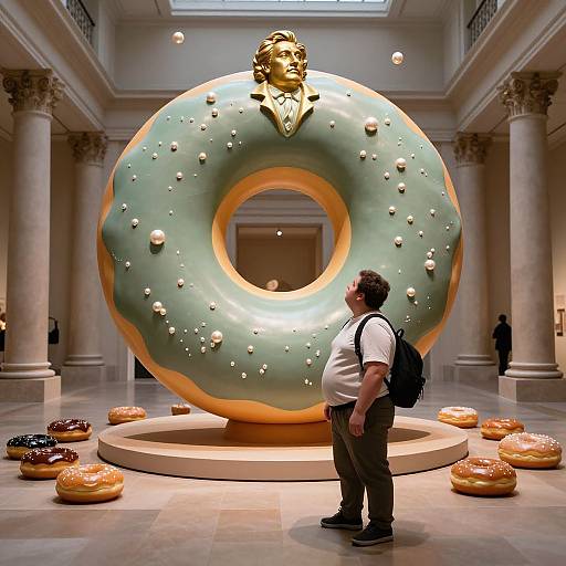 Photograph of a man with a backpack, standing in front of a giant, green, donut sculpture with a gold face, surrounded by smaller don