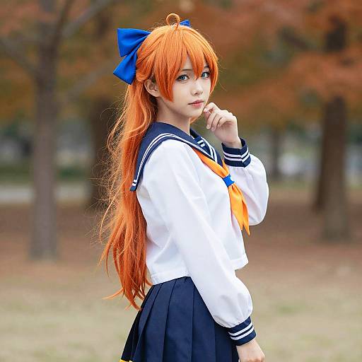 CGI anime-style girl with long orange hair, blue bow, white sailor uniform, black skirt, finger to lips, autumn park background.