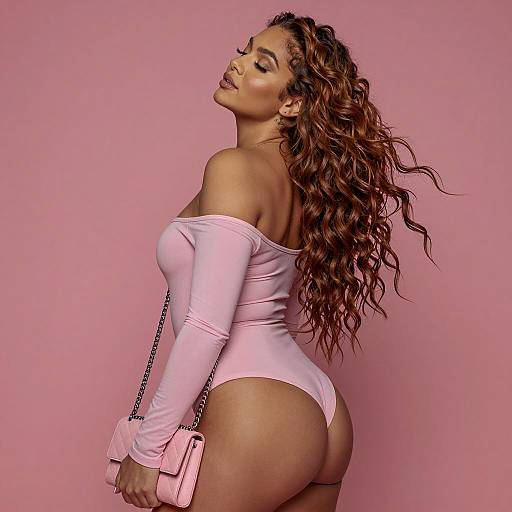 Woman in Pink Off-Shoulder Bodysuit with Clutch