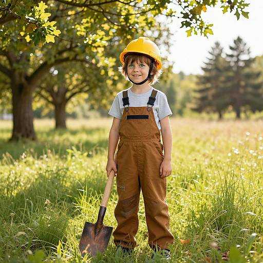 Photograph of a cute young boy with brown hair, wearing an orange hard hat, white shirt, brown overalls, and holding a shovel, standing