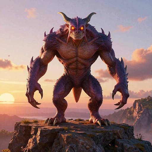 CGI image of a muscular, horned, demon with glowing red eyes and sharp claws, standing on a rocky cliff at sunset.