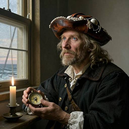 Photograph of an elderly man with a long beard and brown hat, holding a compass, by candlelight in a rustic room.