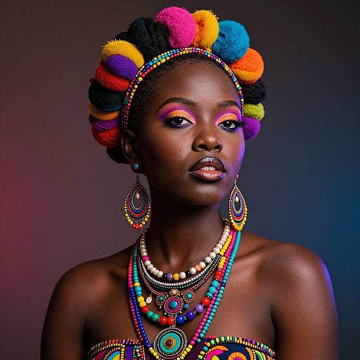 Photograph of a dark-skinned woman with colorful, puff-dyed hair, vibrant makeup, and beaded jewelry, against a dark gradient background