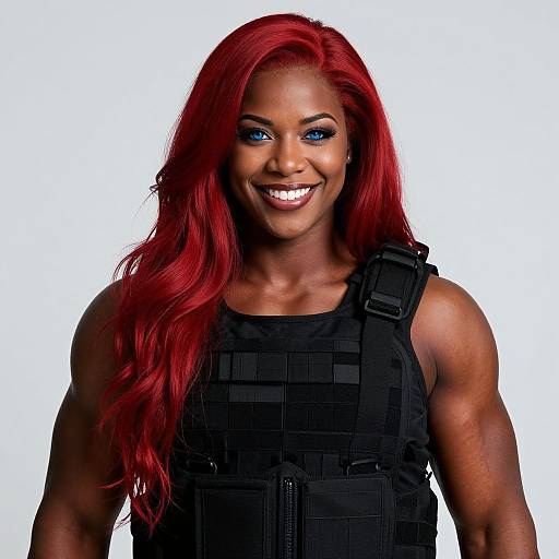 Photograph of a smiling, muscular Black woman with long, vibrant red hair, blue eyes, wearing a black tactical vest against a white background.