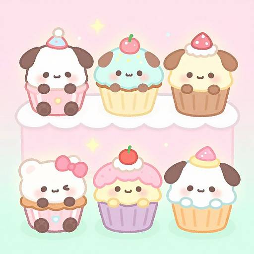 Cute digital drawing of six kawaii-style cupcakes with dog ears, each topped with different fruits and colors, smiling adorably.