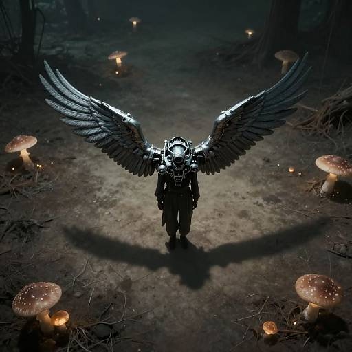 Mysterious, armored figure with black wings stands in dark forest, surrounded by glowing mushrooms. Digital art, fantasy style.