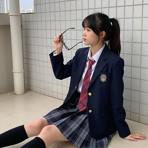 Asian Schoolgirl in Uniform Sitting on Floor
