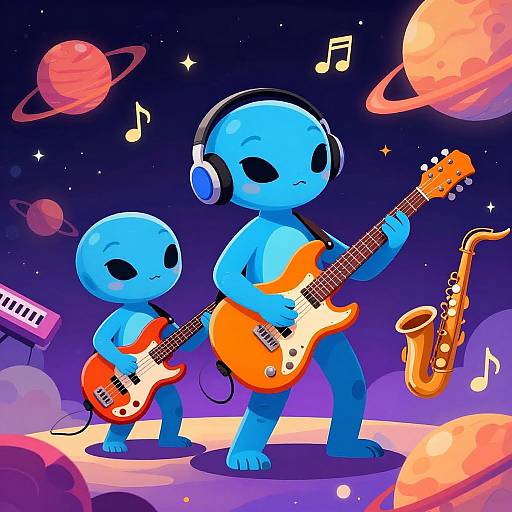 Digital illustration of two blue alien children playing guitar and saxophone in space, wearing headphones, surrounded by planets and musical notes.