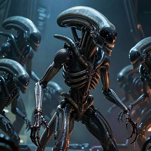 Photorealistic CGI of three shiny, black, alien Xenomorphs with elongated heads and ribbed bodies in a dimly lit, industrial