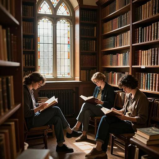 Photograph of three students with curly hair, sitting in a sunlit library, reading books, surrounded by tall wooden bookshelves.