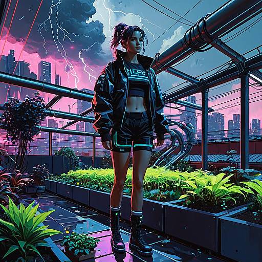Cyberpunk Hacker Girl in Neon Rooftop Garden