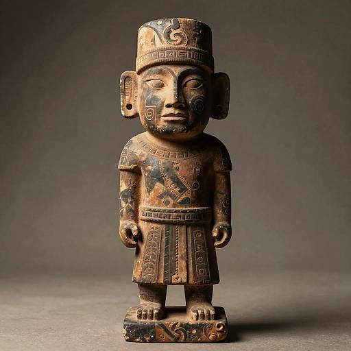 Photograph of an ancient, intricately carved, bronze figurine of a standing child with detailed patterns, wearing a headdress and traditional attire.