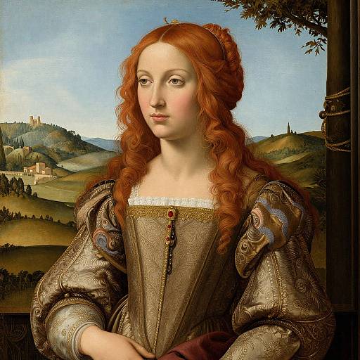 Renaissance portrait of a pale-skinned woman with red curly hair, wearing a brown, patterned gown, set against a lush, hilly