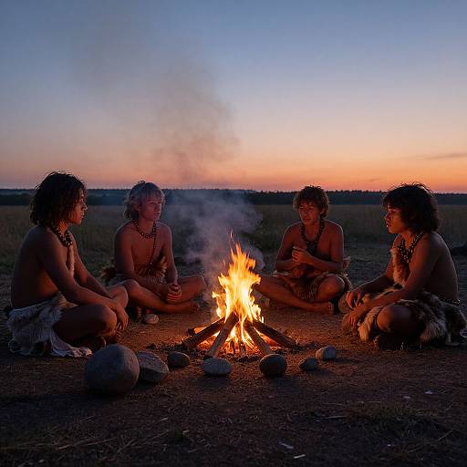 Primitive Hominids Around Campfire at Dusk