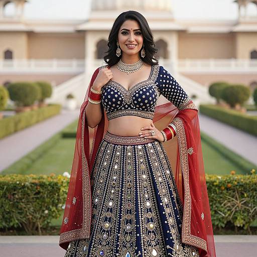 Photograph of a smiling South Asian woman in a blue and gold embroidered traditional lehenga and red dupatta, standing in a manicured garden.