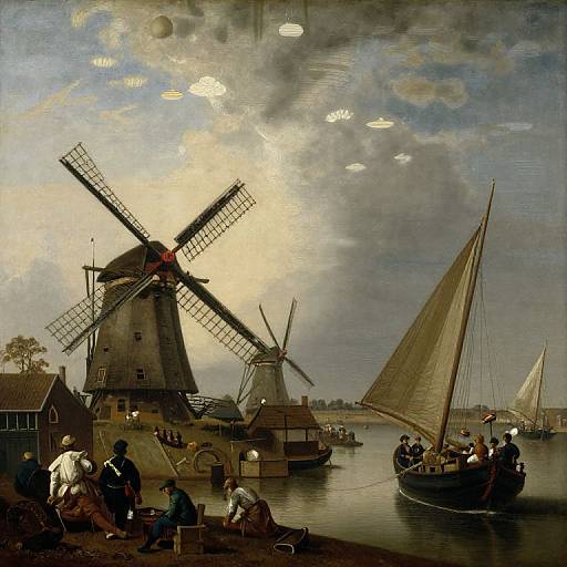 Dutch oil painting of a calm waterscape with windmills, sailboats, and people engaging in daily activities under a cloudy sky.