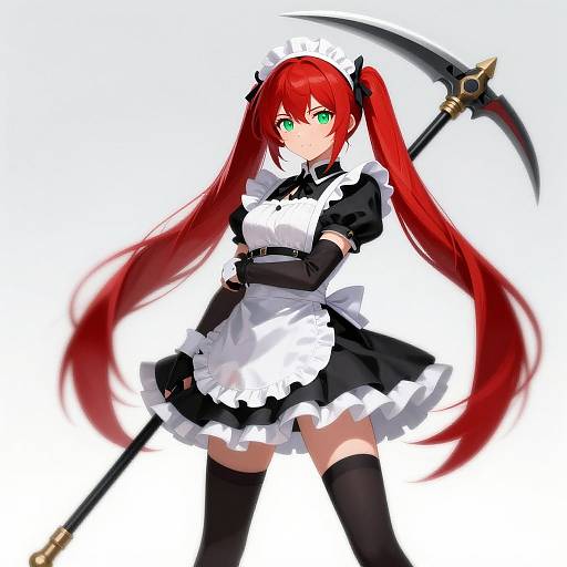 Digital anime-style drawing of a red-haired maid with green eyes, wearing a black and white frilled dress, holding a scythe, standing confidently against