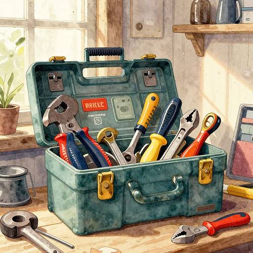 Digital painting of a green toolbox filled with colorful wrenches and tools, on a sunlit wooden workbench, with potted plant and window in background