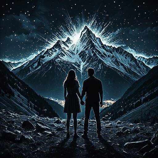Couple Facing Mystical Mountain at Night