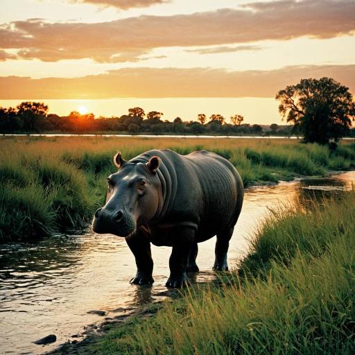 Hippopotamus at Sunset on Riverbank