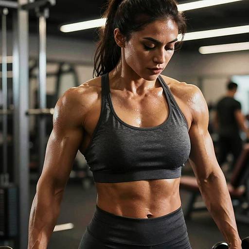 Photograph of a muscular, sweaty, dark-haired woman in a gray sports bra and black leggings, focusing intently in a dimly lit gym.