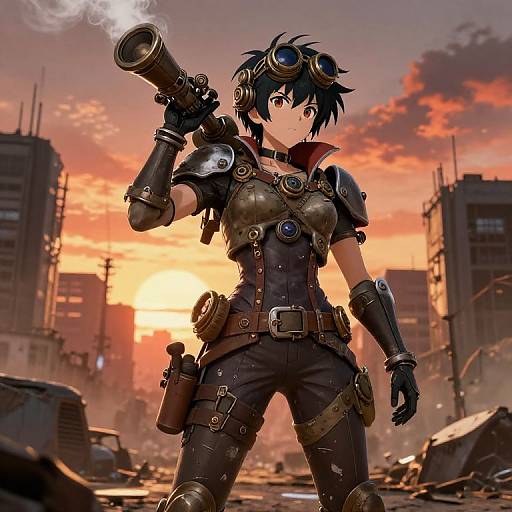 Digital artwork of a steampunk girl with black hair, goggles, and armor, holding a smoke-emitting gun, standing in a ruined city at