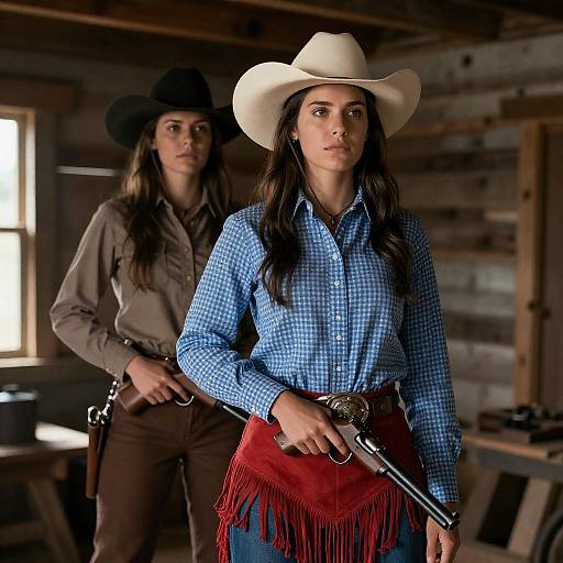Sunlit Cabin with Two Western Gunslingers