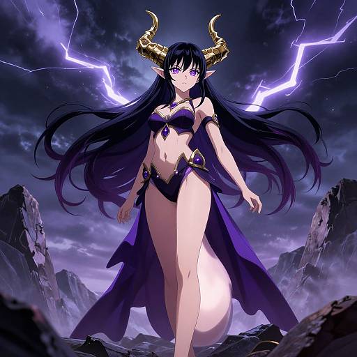 Digital anime artwork of a powerful, horned demon woman with long black hair, purple eyes, and black bikini, standing in a stormy, rocky
